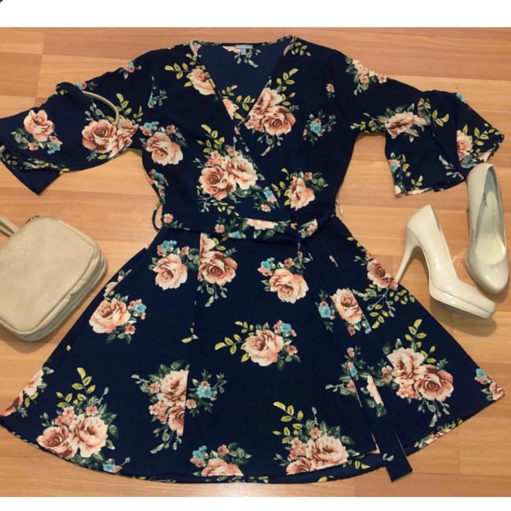 Navy blue floral tie waist dress with bell sleeves